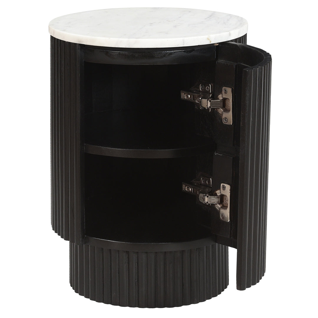 Quentaro Mid-Century Modern Round Accent Table with White Marble Top And Hidden Storage