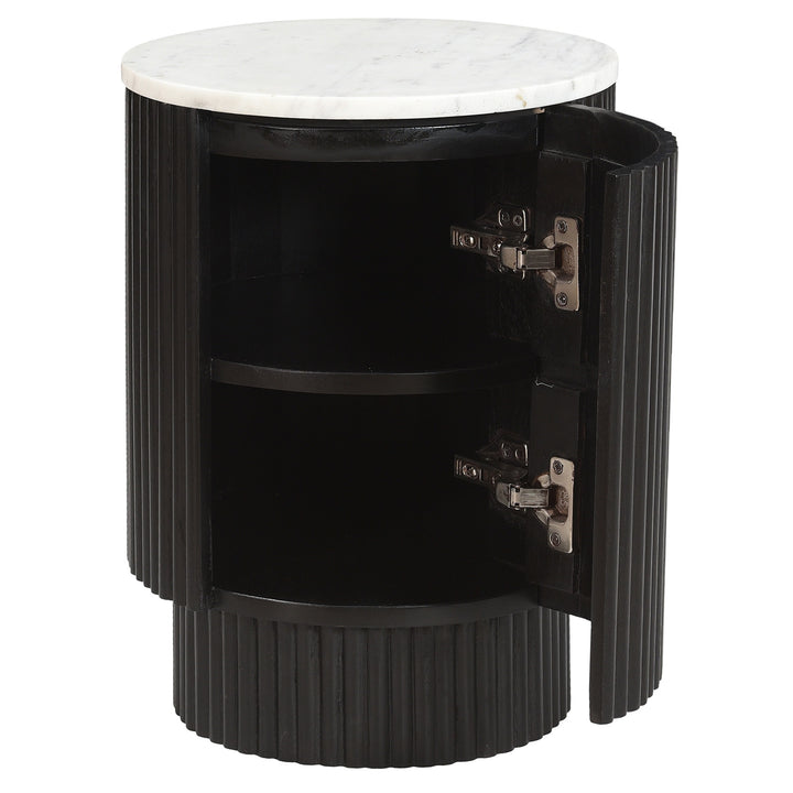 Quentaro Mid-Century Modern Round Accent Table with White Marble Top And Hidden Storage