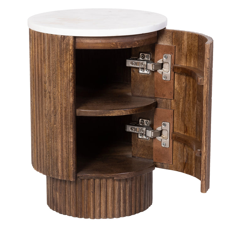 Quentaro Mid-Century Modern Round Accent Table with White Marble Top And Hidden Storage