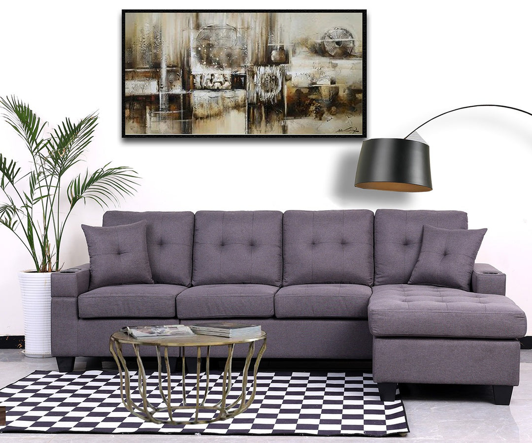Willow Fabric Upholstered Sectional Sofa With USB & Wireless Charger - Grey | Modern, Sturdy, Comfortable & Reversible