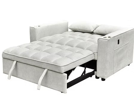 Arquelio Convertible Sofa Bed Sectional – Adjustable Backrest Sleeper Sofa with USB Charging Station, Cup Holders, Side Storage Pocket and Silver Grey Fabric Upholstery