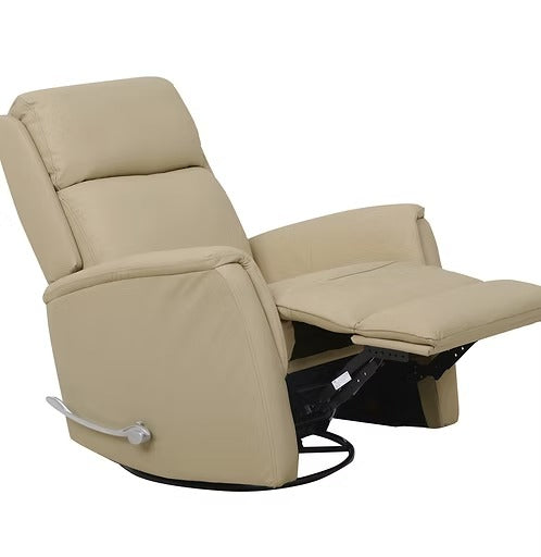 Zyrello Recliner Chair in Soft Ivory Beige Leather Matches with Side-Mounted Steel Pull Handle &amp; Glider Rocking Mechanism