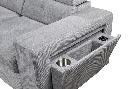 Avirex Sofa Bed Sectional – Left Hand Facing Chaise with Adjustable Headrests, Charging Station, Cup Holder, Side Storage