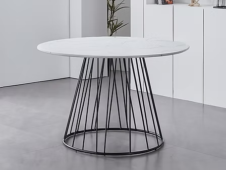 Marvesta 5-Piece Dinette Set – White Marble Veneer Round Table with Black Pedestal Steel Base & Grey Fabric Chairs