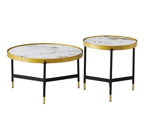 Alvireo Set of 2 Coffee Tables – Modern Sintered Stone Pandora Marble Top with Black &amp; Gold Steel Base