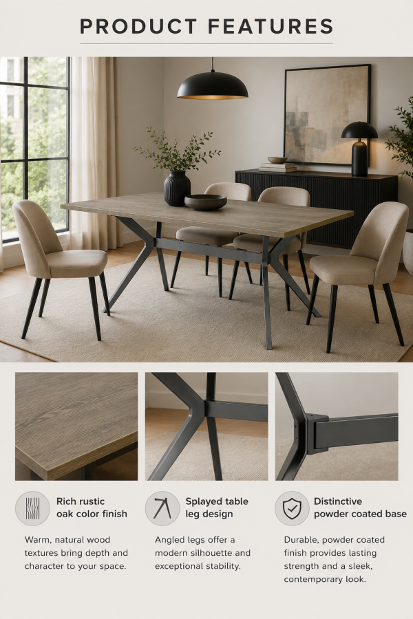 Virelli Rustic Oak Dining Table with Powder Coated Metal Base, Splayed Leg Design & Spacious Modern Industrial Top for Contemporary Dining Rooms