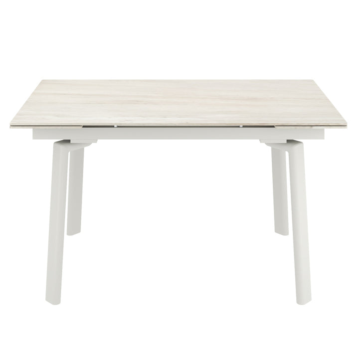 Arden Peak Contemporary Extendable Dining Table – Travertine Sintered Stone Top with Double Extension Leaves, Cream Metal Frame and Modern Dining Room Design