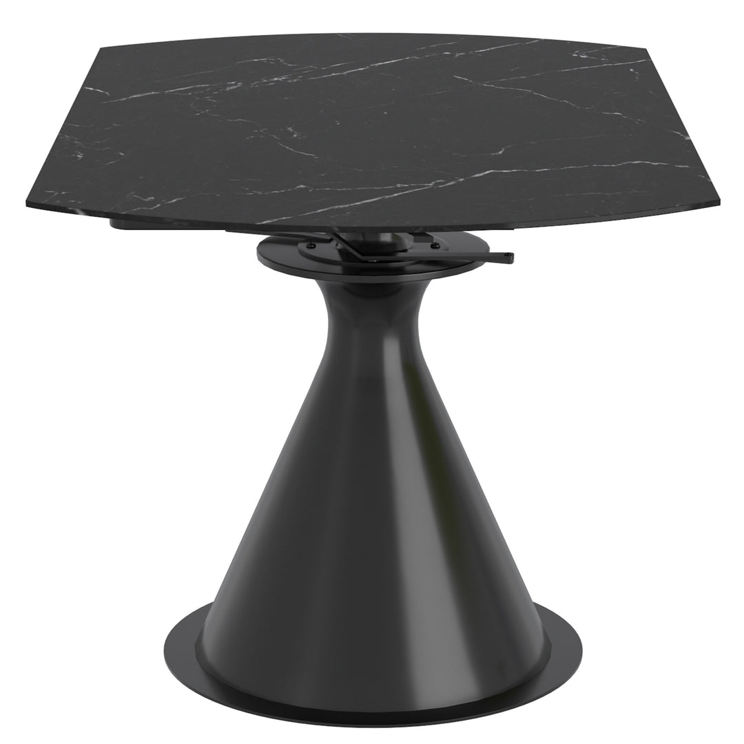 Virelle Extension Dining Table – Premium Black Sintered Stone Top with One-Handed Rotating Extension Mechanism & Black Metal Pedestal Base for Modern Dining Spaces