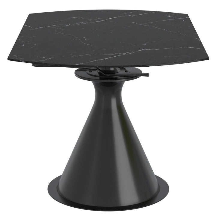 Virelle Extension Dining Table – Premium Black Sintered Stone Top with One-Handed Rotating Extension Mechanism & Black Metal Pedestal Base for Modern Dining Spaces