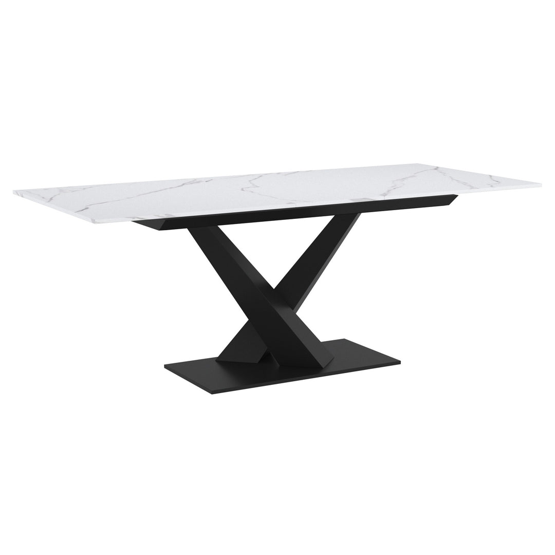 Eldoria Contemporary Extendable Dining Table – Sintered Stone Top with Geometric Black Metal Pedestal Base
