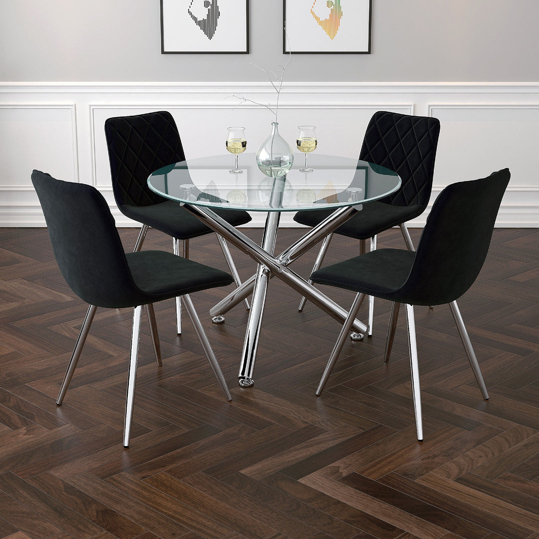 Soreno Dining Table – 10mm Clear Tempered Glass Top with Brushed Stainless Steel Accents And Chrome Metal Crossover Base for Contemporary Dining Spaces