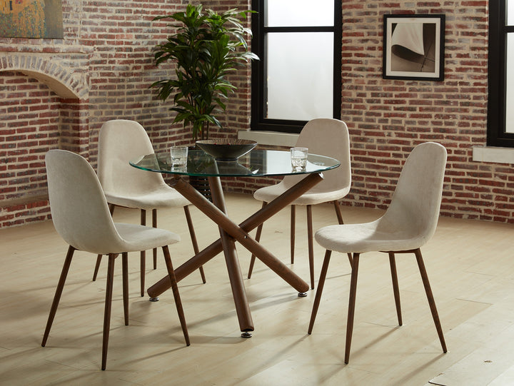Calvion Contemporary Round Dining Table – 40" Clear Tempered Glass Top with Walnut Finish Metal Crossover Base, Brushed Stainless Steel Accent and Modern Design Dining Table
