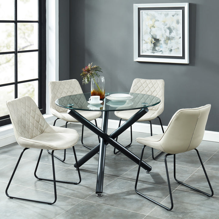Sorran Contemporary Round Dining Table – Clear Tempered Glass Top with Brushed Stainless Steel Accent, Matte Black Crossover Metal Base and Modern Design Dining Table