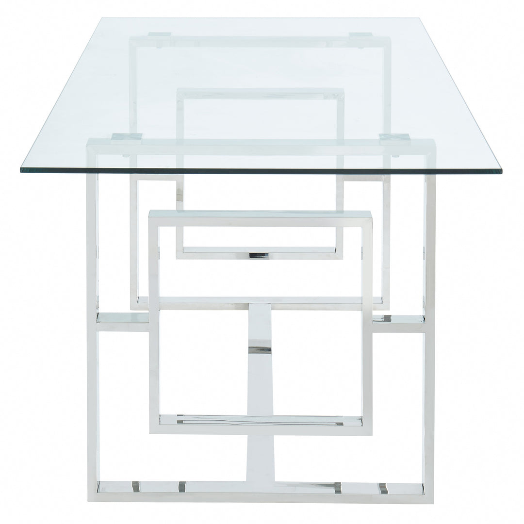 Kenvor Contemporary Glass Dining Table – 71" Rectangular 12mm Tempered Glass Top with Geometric Lattice Stainless Steel Frame and Polished Silver Finish Modern Dining Table