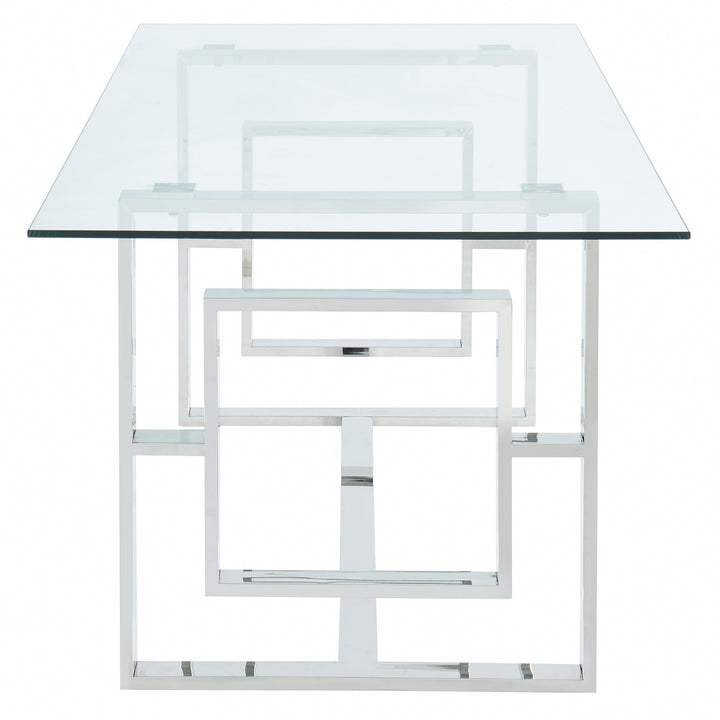 Kenvor Contemporary Glass Dining Table – 71" Rectangular 12mm Tempered Glass Top with Geometric Lattice Stainless Steel Frame and Polished Silver Finish Modern Dining Table