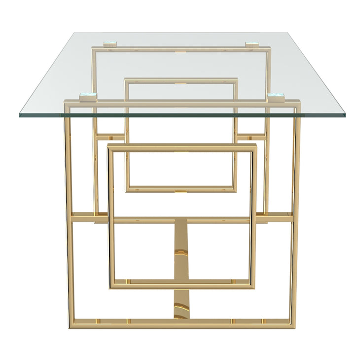 Arvello Contemporary Glass Dining Table – Rectangular Tempered Glass Top with Geometric Lattice Stainless Steel Frame and Polished Gold Finish Modern Luxury Dining Table