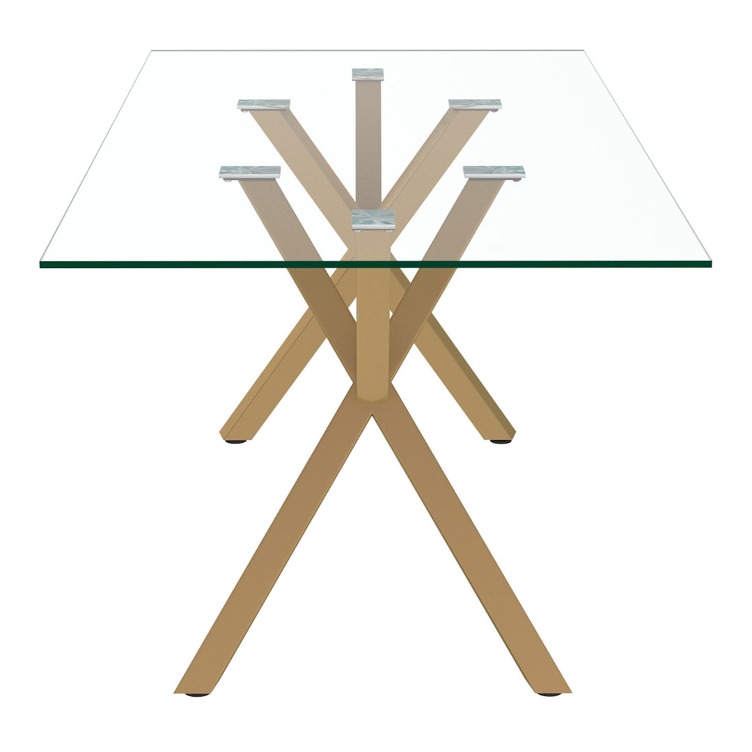 Ravello Contemporary Glass Dining Table – Rectangular Tempered Glass Top with Aged Gold Metal Legs, Brushed Stainless Steel Holders and Geometric Modern Design Dining Table