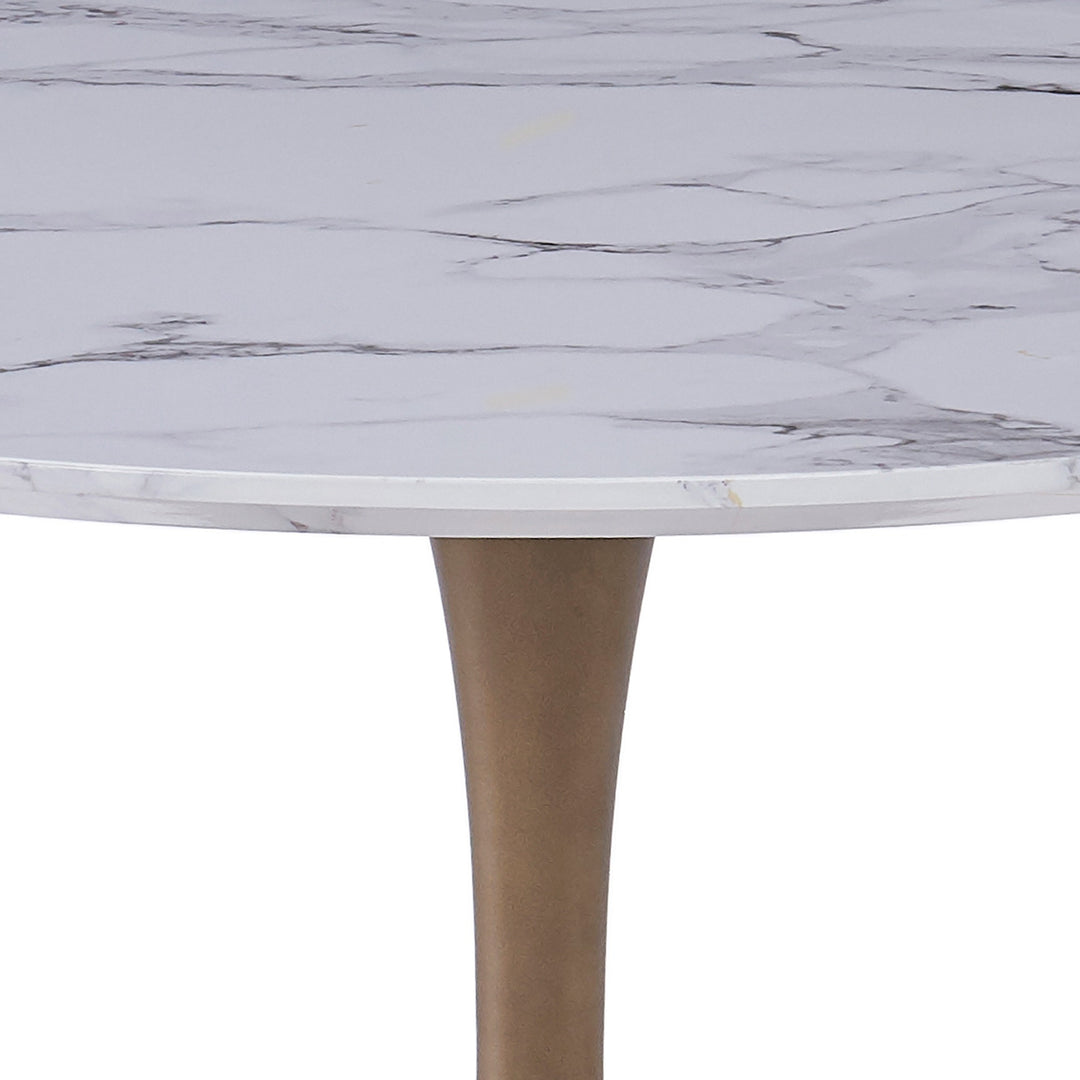 Mireva Dining Table – Premium Faux Marble Laminated Veneer Tabletop with Engineered Wood Construction, Reverse Bevel Edge And Matte Aged Gold Metal Pedestal Base for Contemporary Dining Spaces