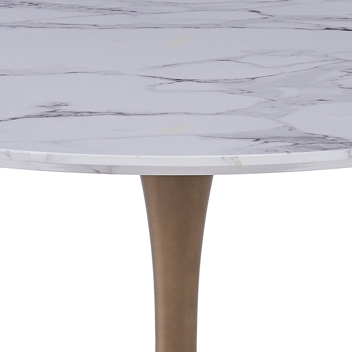 Mireva Dining Table – Premium Faux Marble Laminated Veneer Tabletop with Engineered Wood Construction, Reverse Bevel Edge And Matte Aged Gold Metal Pedestal Base for Contemporary Dining Spaces
