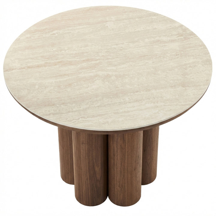 Orlancia Mid-Century Modern Round Dining Table – Sintered Stone Travertine Top with Walnut Veneer Pedestal Base and Beveled Edge Dining Table