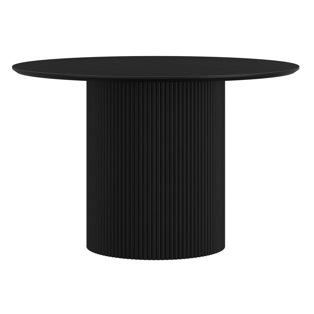 Vensaro Mid-Century Modern Round Dining Table – Engineered Wood Oak Veneer Top with Wide Reeded Pedestal Base and Reverse Bevel Wood Grain Finish Dining Table