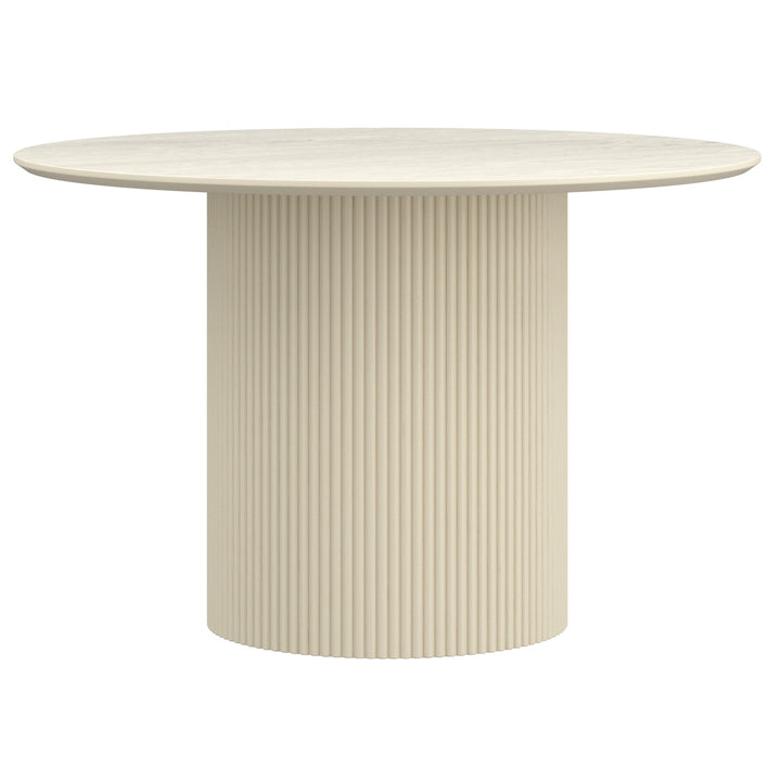 Trivano Mid-Century Modern Round Dining Table – Engineered Wood Oak Veneer Top with Wide Reeded Pedestal Base and Reverse Bevel Wood Grain Finish Dining Table