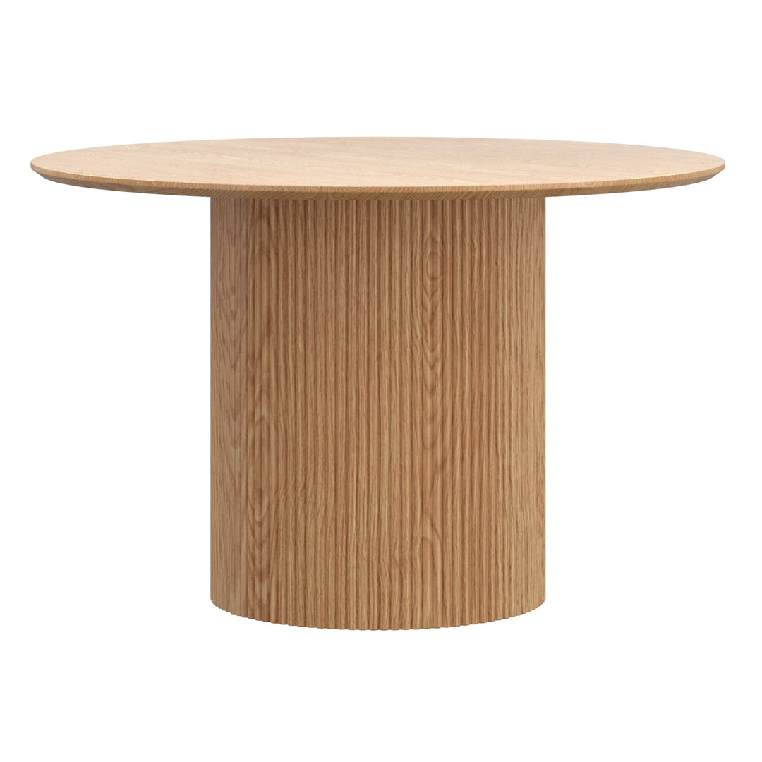 Velmora Mid-Century Modern Round Dining Table – Engineered Wood Oak Veneer Top with Reeded Pedestal Base and Reverse Bevel Wood Grain Finish Dining Table