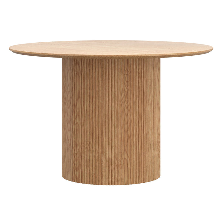 Velmora Mid-Century Modern Round Dining Table – Engineered Wood Oak Veneer Top with Reeded Pedestal Base and Reverse Bevel Wood Grain Finish Dining Table