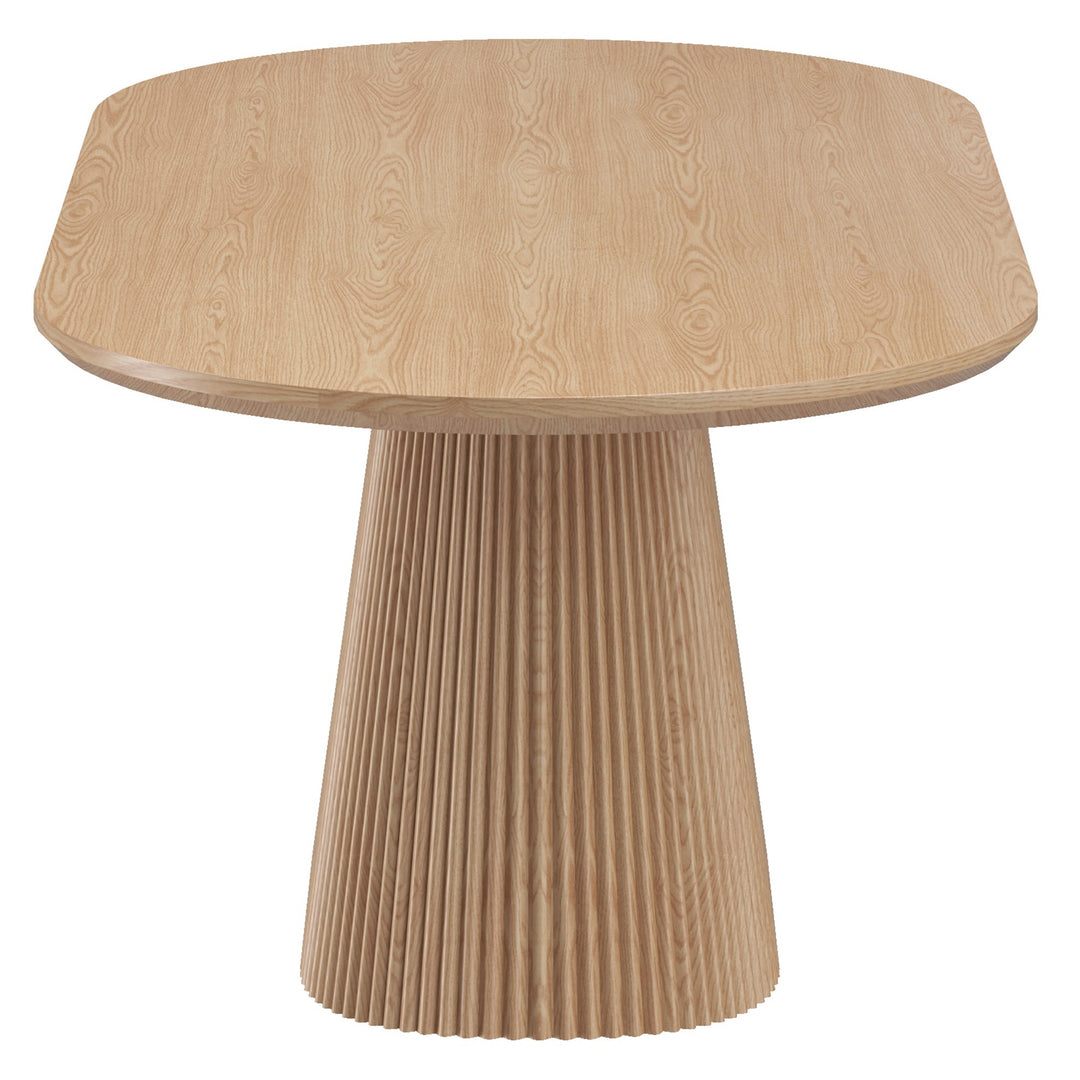 Bravion Mid-Century Modern Oval Dining Table – Engineered Wood Oak Veneer Top with Wide Reeded Pedestal Base and Reverse Bevel Wood Grain Finish Dining Table