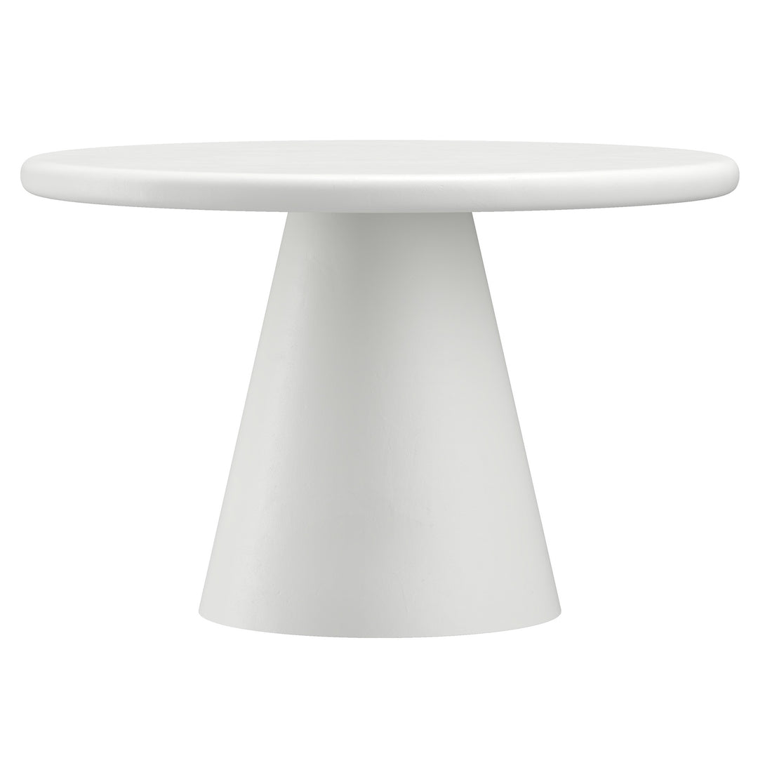 Kenvor Contemporary Round Dining Table – White Cement Finish Table with Thick Rounded Edge Top and Cone Pedestal Base Modern Dining Table