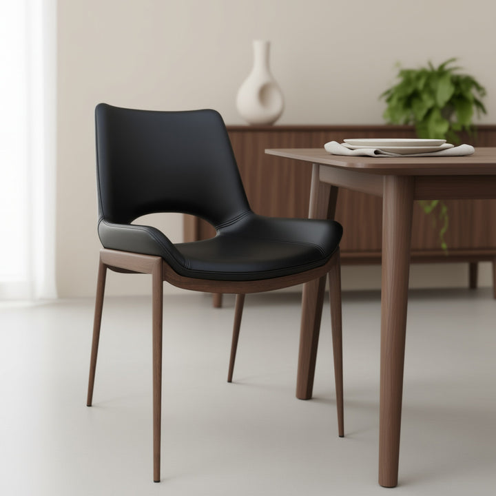 Torano Mid-Century Modern Dining And Lounge Chair in Walnut Finish with Textured Faux Leather Upholstery, Contoured Seat, Metal Frame – Set of 6
