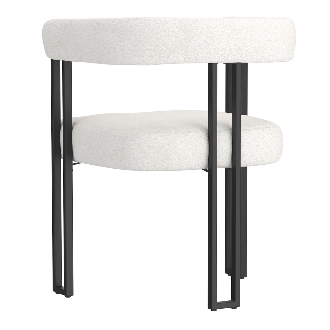 Varese Contemporary Dining Side Chair with Soft Boucle Fabric Upholstery in White, Black Metal Frame Anf Legs – Set of 2