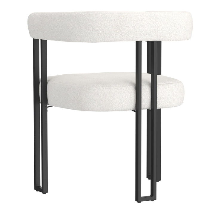 Varese Contemporary Dining Side Chair with Soft Boucle Fabric Upholstery in White, Black Metal Frame Anf Legs – Set of 2