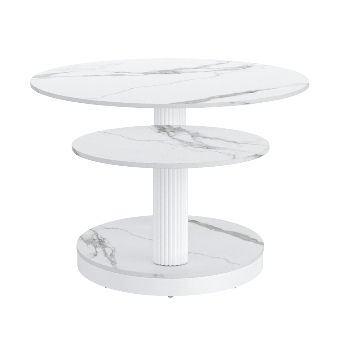 Trionex Contemporary Coffee Table – Extendable Sintered Stone Top with White Marble Finish & Reeded Steel Base