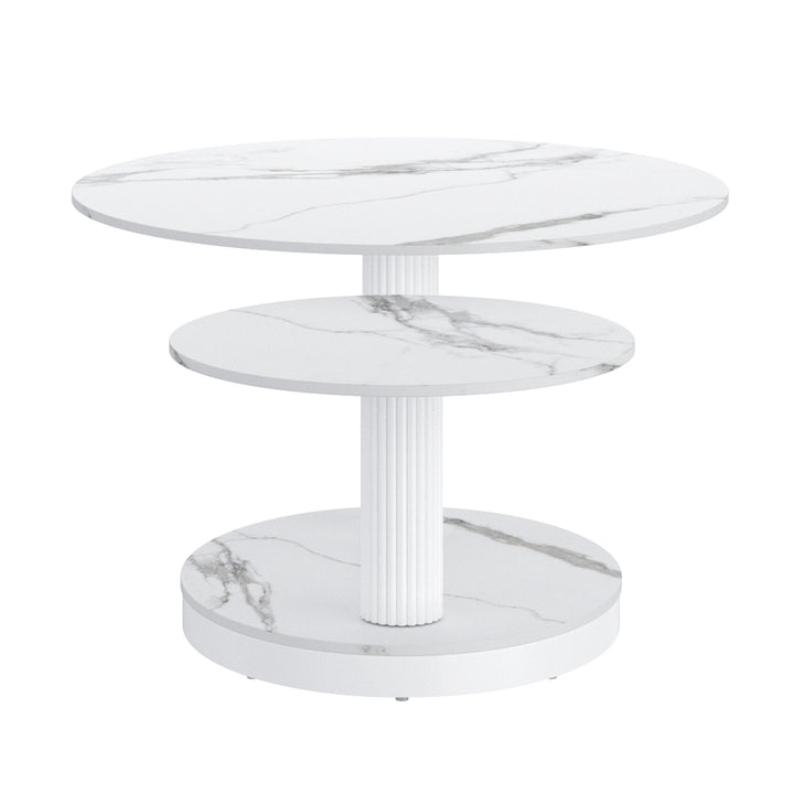 Trionex Contemporary Coffee Table – Extendable Sintered Stone Top with White Marble Finish & Reeded Steel Base
