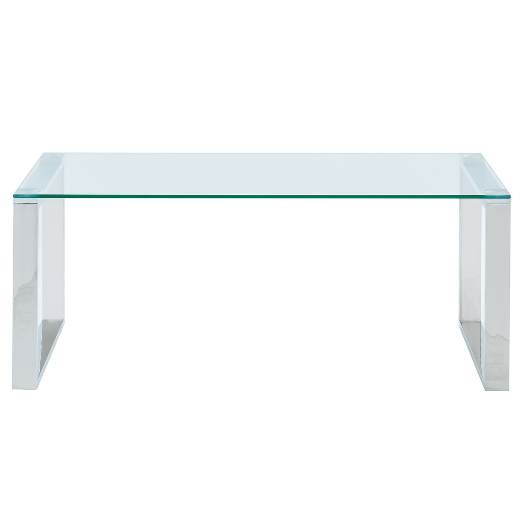 Elsinora Contemporary Coffee Table – 8mm Clear Tempered Glass Top with Stainless Steel Frame (Polished Silver Finish)