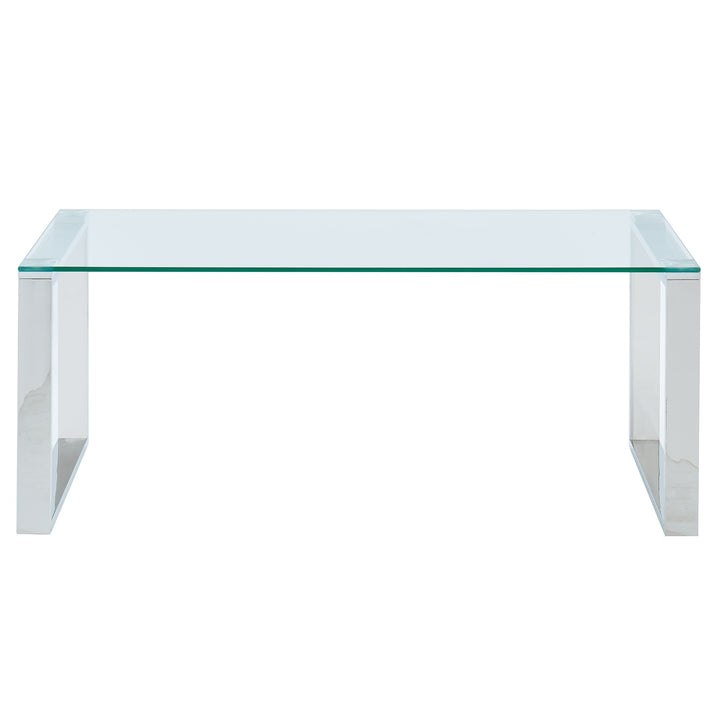 Elsinora Contemporary Coffee Table – 8mm Clear Tempered Glass Top with Stainless Steel Frame (Polished Silver Finish)