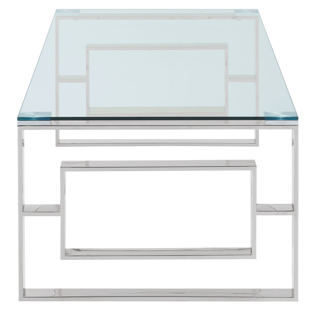 Virello Contemporary Coffee Table – 8mm Clear Tempered Glass Top with Geometric Lattice Stainless Steel Frame (Polished Silver Finish)