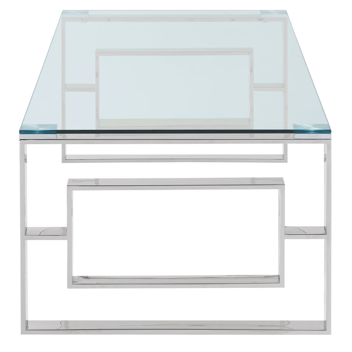 Virello Contemporary Coffee Table – 8mm Clear Tempered Glass Top with Geometric Lattice Stainless Steel Frame (Polished Silver Finish)