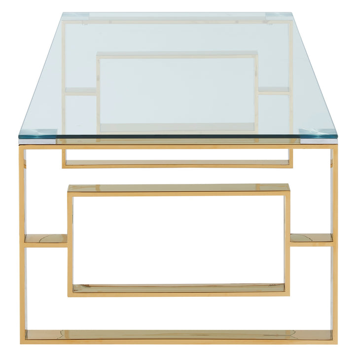 Velquro Contemporary Coffee Table – 8mm Clear Tempered Glass Top with Geometric Lattice Stainless Steel Frame (Polished Gold Finish)