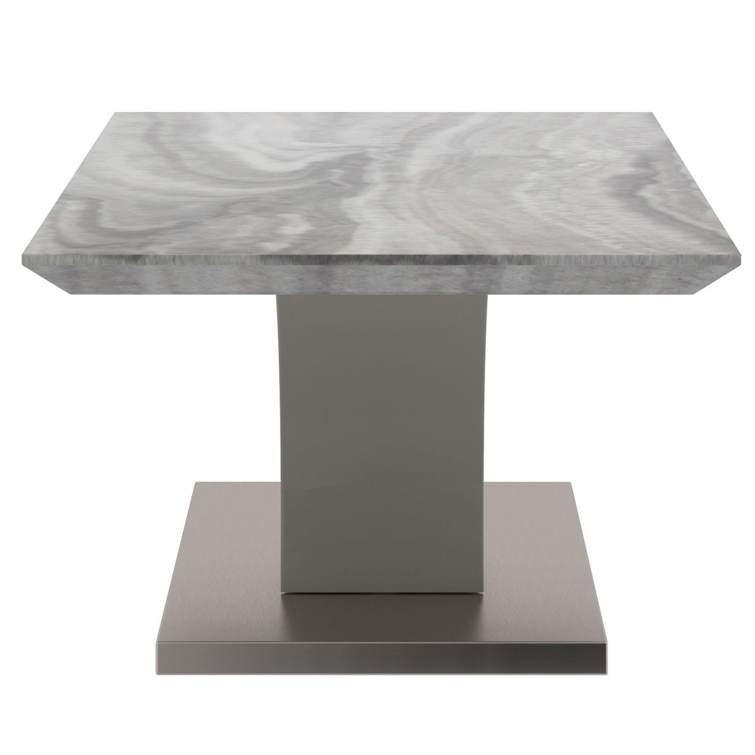Omnira Modern Coffee Table – Reverse Bevel Faux Marble Top with Geometric Grey Posts & Stainless Steel Wrapped Base