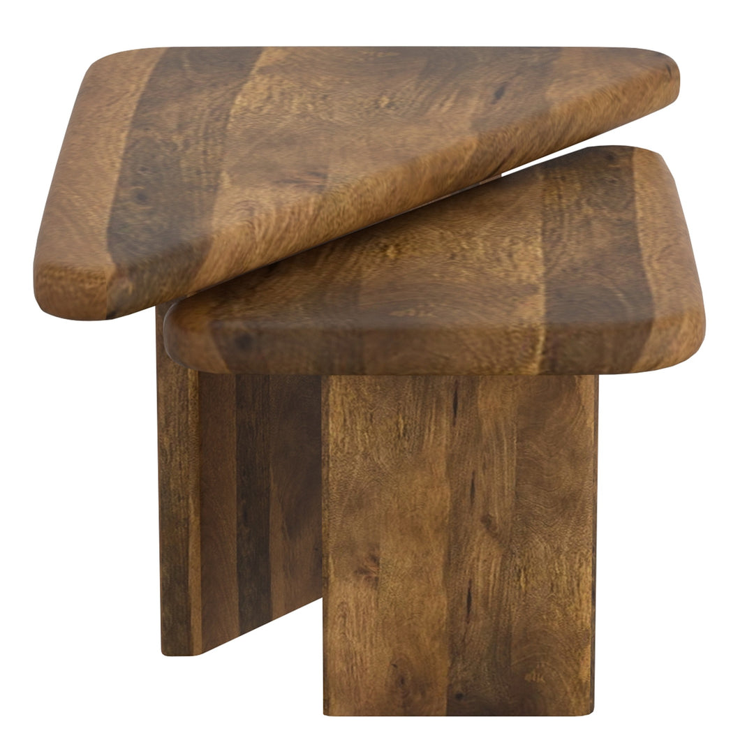 Calnex Mid-Century Modern Nesting Coffee Table Set – 2-Piece Solid Mango Wood Triangular Tables (Light Walnut Finish)
