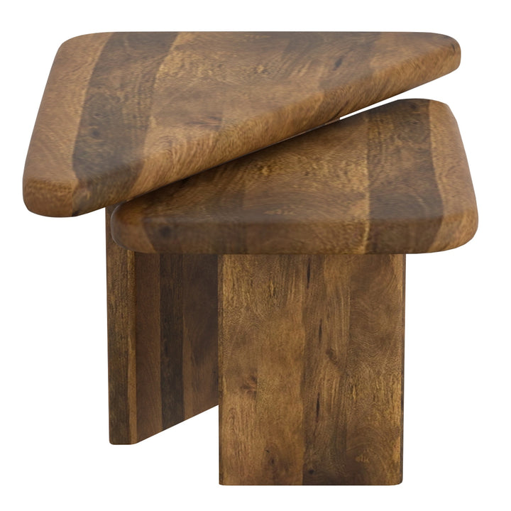 Calnex Mid-Century Modern Nesting Coffee Table Set – 2-Piece Solid Mango Wood Triangular Tables (Light Walnut Finish)