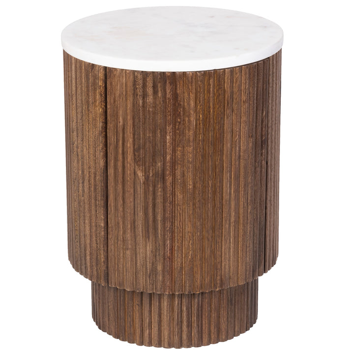 Quentaro Mid-Century Modern Round Accent Table with White Marble Top And Hidden Storage