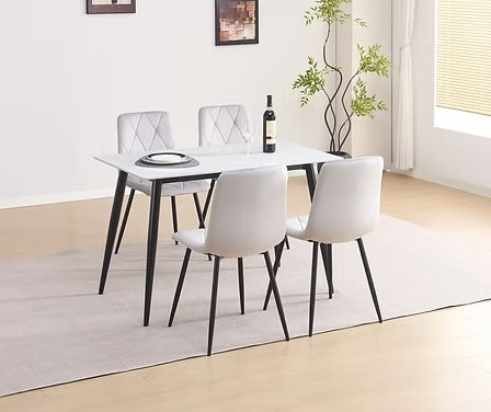 Velvoro 5-Piece Dinette Set – Snowy White Marble Sintered Stone Table with Black Steel Legs & Light Grey Velvet Chairs