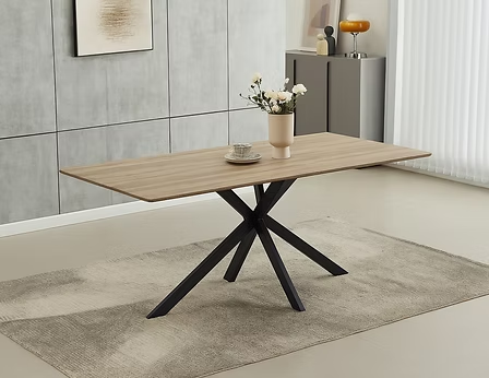 Calviano 7-Piece Dinette Set – Wooden Top Table with Black Steel Legs & Beige Velvet Chairs