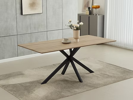 Calviano 7-Piece Dinette Set – Wooden Top Table with Black Steel Legs & Grey/Beige Fabric Chairs