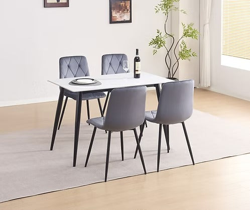 Velvoro 5-Piece Dinette Set – Snowy White Marble Sintered Stone Table with Black Steel Legs & Dark Grey Velvet Chairs
