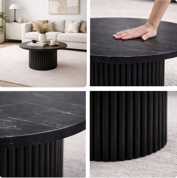 Milan Luxe Marble Coffee Table with Fluted Mango Wood Base, Round Tapered Stone Top & Modern Luxury Design for Elegant Living Spaces