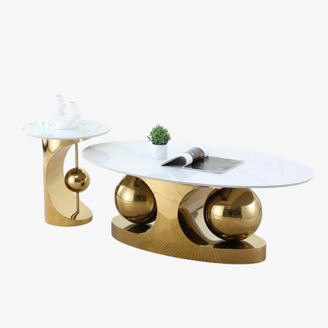 Grandeur 3-Piece Coffee Table Set – White Sintered Stone & Gold Metallic Base